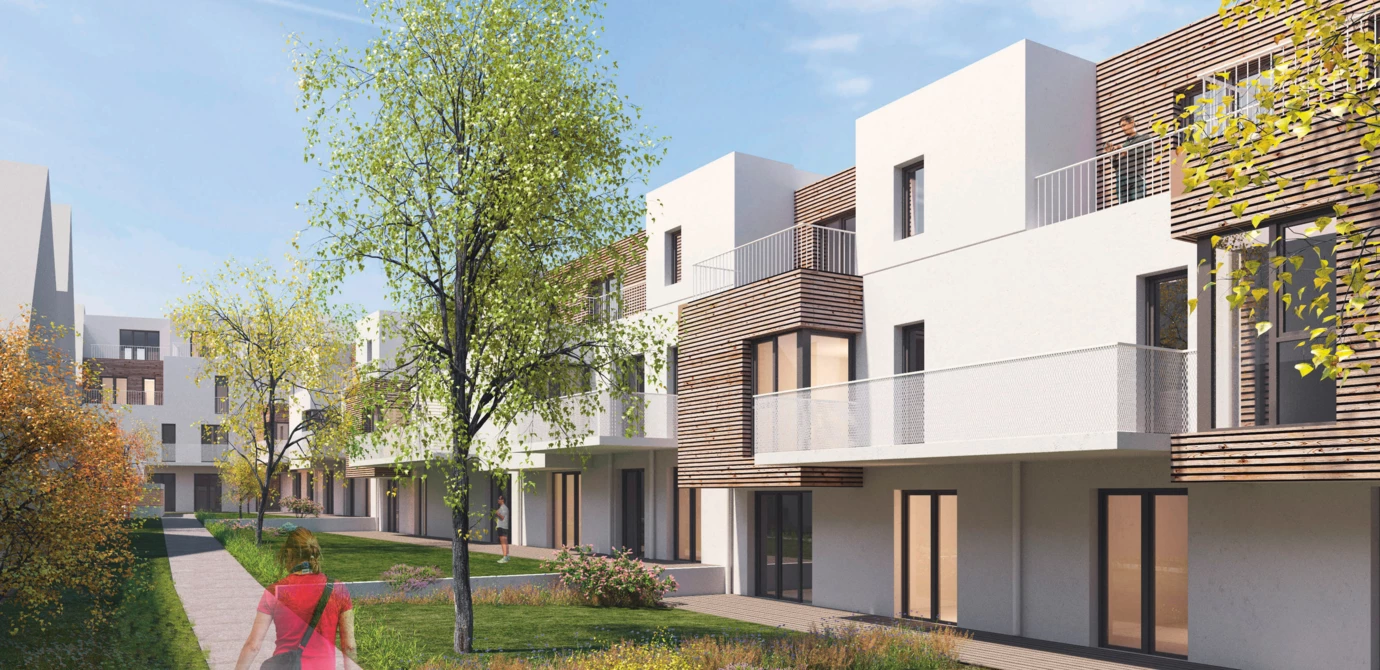 Natur in der Stadt – realisiert durch Grünflächen und den Einsatz von Holz. Natur in der Stadt – realisiert durch Grünflächen und den Einsatz von Holz.